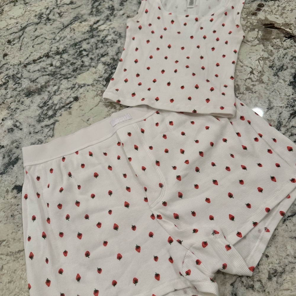 Skims White Tank and boxer Shorts Set with Red Strawberry Print